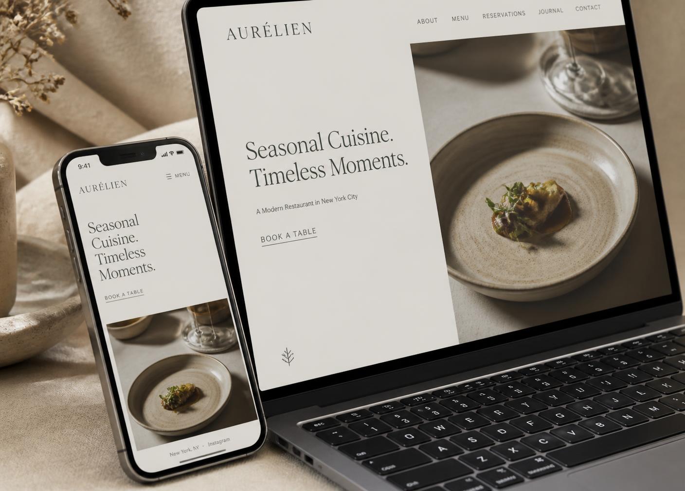 A restaurant website shown on a laptop and a smartphone on a warm beige surface