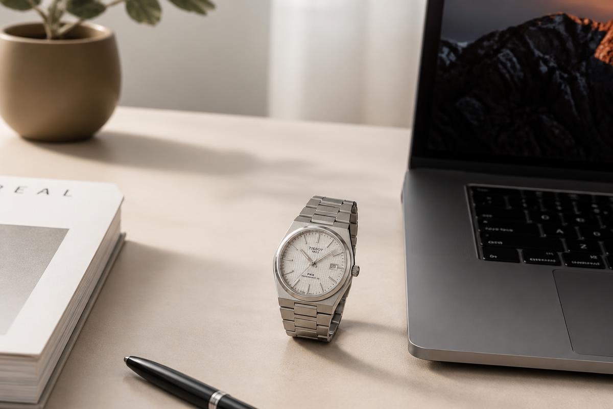 Clean minimalist workspace showing a Swiss watch, laptop, and notebook on a warm beige surface